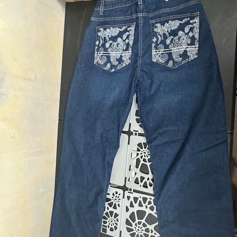 Southpole Baggy Denim Jeans Dark Wash Paisley Embroidered Pockets Mens 34x29